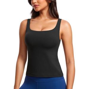 imageCRZ YOGA Butterluxe Workout Tank Tops for Women U Neck Padded Crop Tops Athletic Camisole Tops with Built in BraBlack