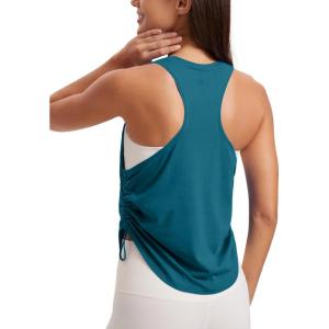 imageCRZ YOGA Pima Cotton Women Racerback Sleeveless Workout Tops Crew Neck Ruched Side Tanks Athletic Casual Loose ShirtsGreen Jade