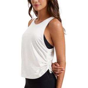 imageCRZ YOGA Pima Cotton Women Racerback Sleeveless Workout Tops Crew Neck Ruched Side Tanks Athletic Casual Loose ShirtsIce GreyWhite