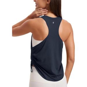 imageCRZ YOGA Pima Cotton Women Racerback Sleeveless Workout Tops Crew Neck Ruched Side Tanks Athletic Casual Loose ShirtsTrue Navy