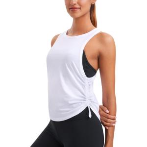 imageCRZ YOGA Pima Cotton Women Racerback Sleeveless Workout Tops Crew Neck Ruched Side Tanks Athletic Casual Loose ShirtsWhite
