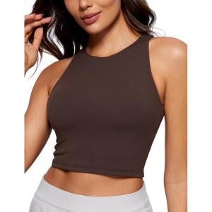 imageCRZ YOGA Womens Butterluxe Double Lined Cropped Tops High Neck Racerback Tanks Sleeveless Casual Workout Crop ShirtsHot Fudge Brown