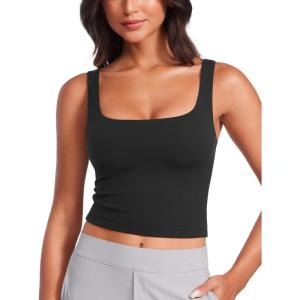 imageCRZ YOGA Womens Butterluxe Double Lined Square Neck Tight Tank Tops Sleeveless Workout Cropped Casual Yoga Fitted ShirtsBlack