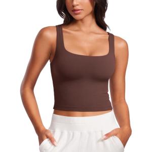 imageCRZ YOGA Womens Butterluxe Double Lined Square Neck Tight Tank Tops Sleeveless Workout Cropped Casual Yoga Fitted ShirtsTaupe