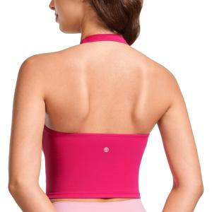 imageCRZ YOGA Womens Butterluxe Halter Longline Sports Bra  Padded Workout Yoga Crop Tops Tanks with Built in PadsGranita Pink