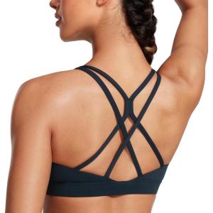 imageCRZ YOGA Womens Butterluxe High Neck Longline Sports Bras  Criss Cross Halter Wireless Padded Gym Workout Crop TopTrue Navy