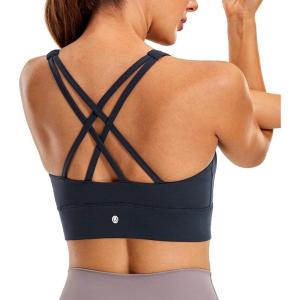 imageCRZ YOGA Womens Butterluxe Strappy High Neck Longline Sports Bra  Wireless Criss Cross Back Padded Workout Cropped TopTrue Navy