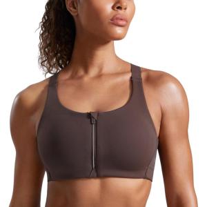 imageCRZ YOGA Womens Zip Front High Impact Sports Bra  Molded Cup Adjustable Convertible Straps Wireless Workout Yoga Crop TopHot Fudge Brown