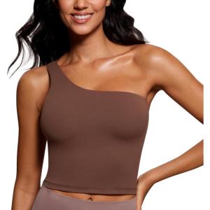 imageCRZ YOGA Butterluxe One Strap Longline Sports Bra for Women  Asymmetrical Yoga Crop Padded Workout TanksCoffee Brown