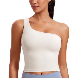 imageCRZ YOGA Butterluxe One Strap Longline Sports Bra for Women  Asymmetrical Yoga Crop Padded Workout TanksMilky White