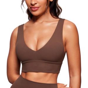 imageCRZ YOGA Butterluxe Womens VNeck Longline Sports Bra  Wireless UShaped Open Back Yoga Low Impact Padded Crop TopCoffee Brown