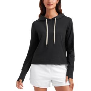 imageCRZ YOGA Cloud Jersey Pullover Hoodies for Women Long Sleeve Hooded Workout Sweat Shirts Casual Yoga Tops with Thumb HolesBlack
