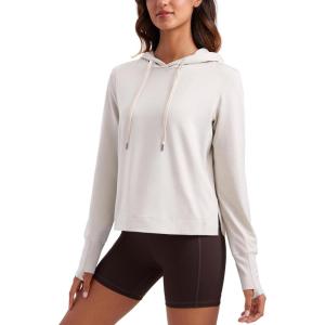imageCRZ YOGA Cloud Jersey Pullover Hoodies for Women Long Sleeve Hooded Workout Sweat Shirts Casual Yoga Tops with Thumb HolesMilky White