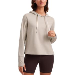 imageCRZ YOGA Cloud Jersey Pullover Hoodies for Women Long Sleeve Hooded Workout Sweat Shirts Casual Yoga Tops with Thumb HolesMojave Tan