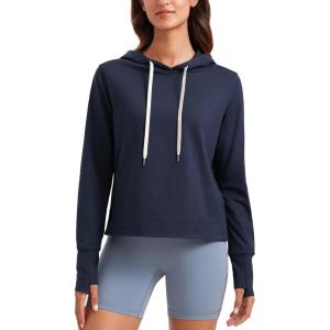 imageCRZ YOGA Cloud Jersey Pullover Hoodies for Women Long Sleeve Hooded Workout Sweat Shirts Casual Yoga Tops with Thumb HolesNavy