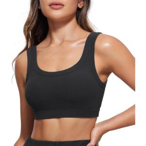 imageCRZ YOGA Ribbed Sports Bras for Women  U Back Wireless Medium Impact Padded Yoga Workout CamiBlack