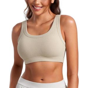 imageCRZ YOGA Ribbed Sports Bras for Women  U Back Wireless Medium Impact Padded Yoga Workout CamiMojave Tan