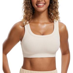 imageCRZ YOGA Ribbed Sports Bras for Women  U Back Wireless Medium Impact Padded Yoga Workout CamiWhite Apricot