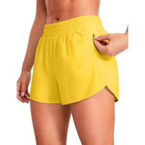 imageCRZ YOGA Womens High Waisted Running Shorts Mesh Liner 3 Dolphin Quick Dry for Athletic Gym Track Workout with Zip PocketHigh Visibility Yellow