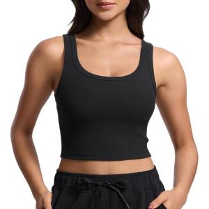 imageCRZ YOGA Womens Ribbed Longline Sports Bra  U Neck Padded Yoga Cami Workout Crop Tank Top Built in PadsBlack