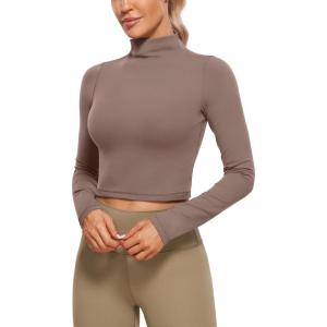 imageCRZ YOGA Womens Butterluxe Mock Turtleneck Long Sleeves Crop Tops Slim Fit Workout Casual TShirt Base Layer Fall ShirtsBrown Purple