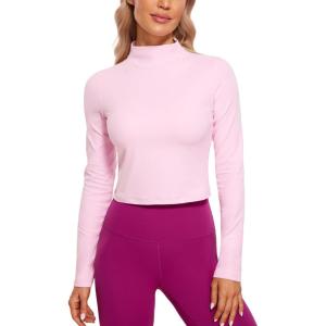 imageCRZ YOGA Womens Butterluxe Mock Turtleneck Long Sleeves Crop Tops Slim Fit Workout Casual TShirt Base Layer Fall ShirtsPink Peony
