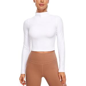 imageCRZ YOGA Womens Butterluxe Mock Turtleneck Long Sleeves Crop Tops Slim Fit Workout Casual TShirt Base Layer Fall ShirtsWhite