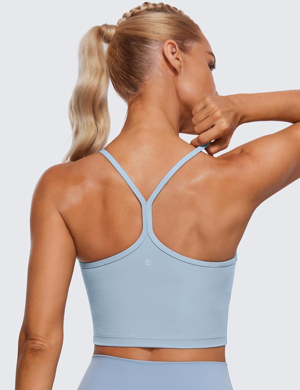 imageCRZ YOGA Womens Butterluxe Y Back Longline Sports Bras  Spaghetti Straps Racerback Padded Yoga Workout Crop Tank TopCambric Blue