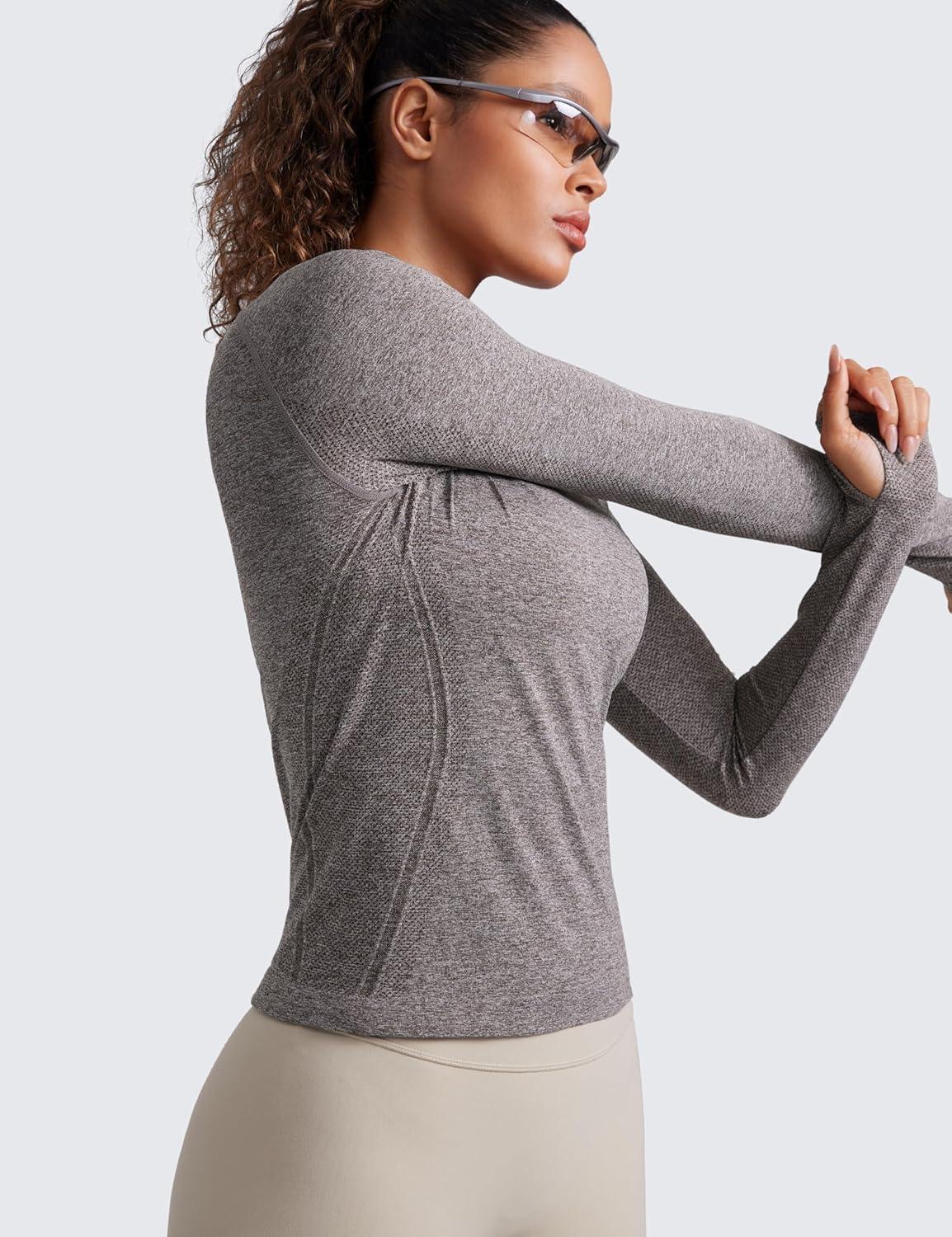 imageCRZ YOGA Womens Seamless Workout Long Sleeve Shirts Quick Dry Gym Athletic Tops Breathable Running Yoga TShirtsHot Fudge Brown Heather