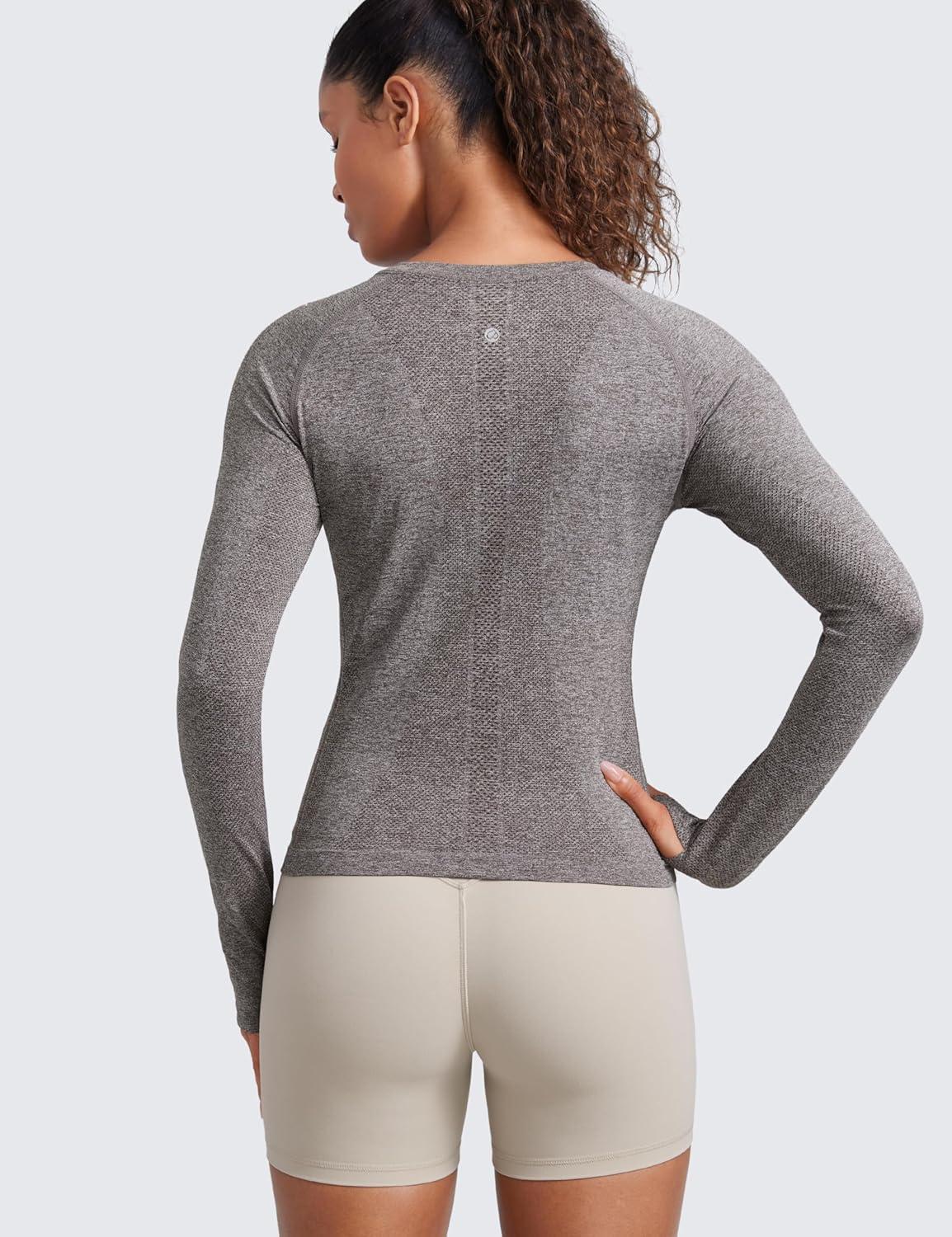 imageCRZ YOGA Womens Seamless Workout Long Sleeve Shirts Quick Dry Gym Athletic Tops Breathable Running Yoga TShirtsHot Fudge Brown Heather