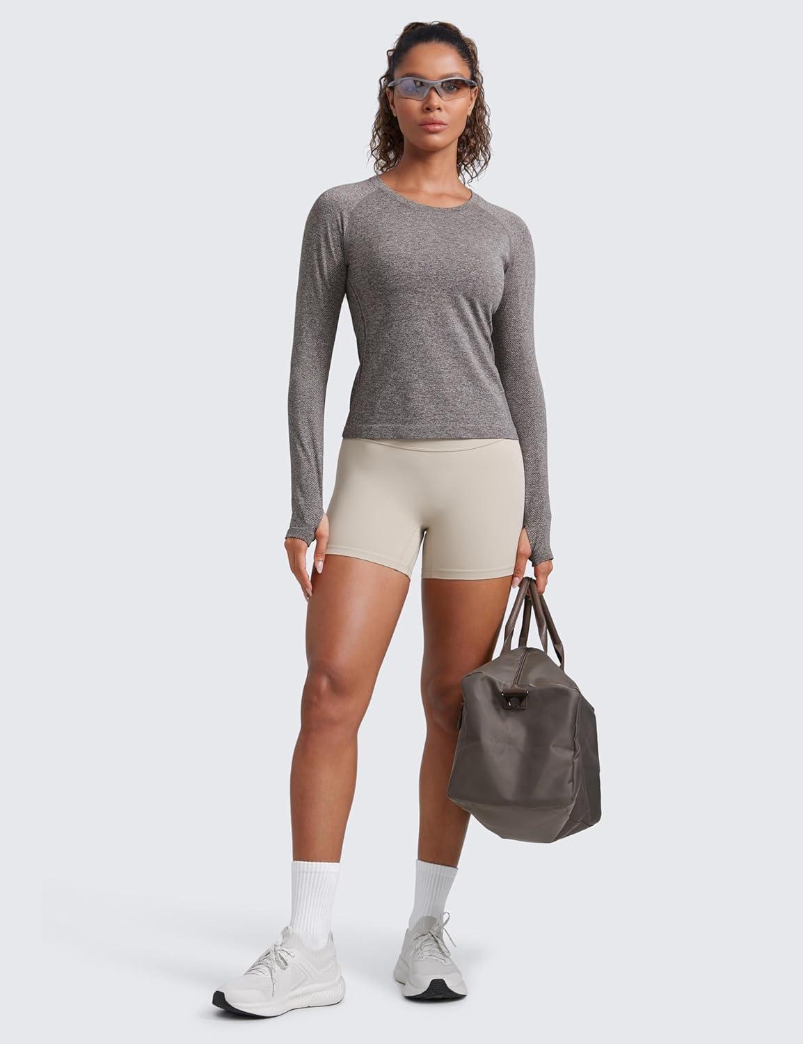 imageCRZ YOGA Womens Seamless Workout Long Sleeve Shirts Quick Dry Gym Athletic Tops Breathable Running Yoga TShirtsHot Fudge Brown Heather