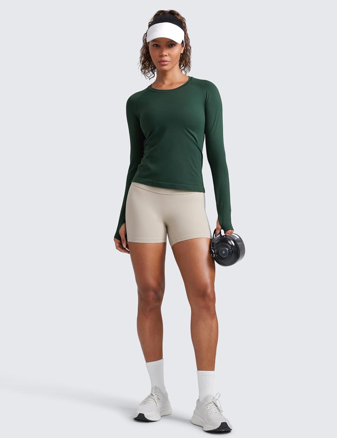 imageCRZ YOGA Womens Seamless Workout Long Sleeve Shirts Quick Dry Gym Athletic Tops Breathable Running Yoga TShirtsLegend Green