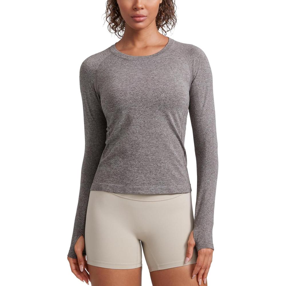 imageCRZ YOGA Womens Seamless Workout Long Sleeve Shirts Quick Dry Gym Athletic Tops Breathable Running Yoga TShirtsHot Fudge Brown Heather