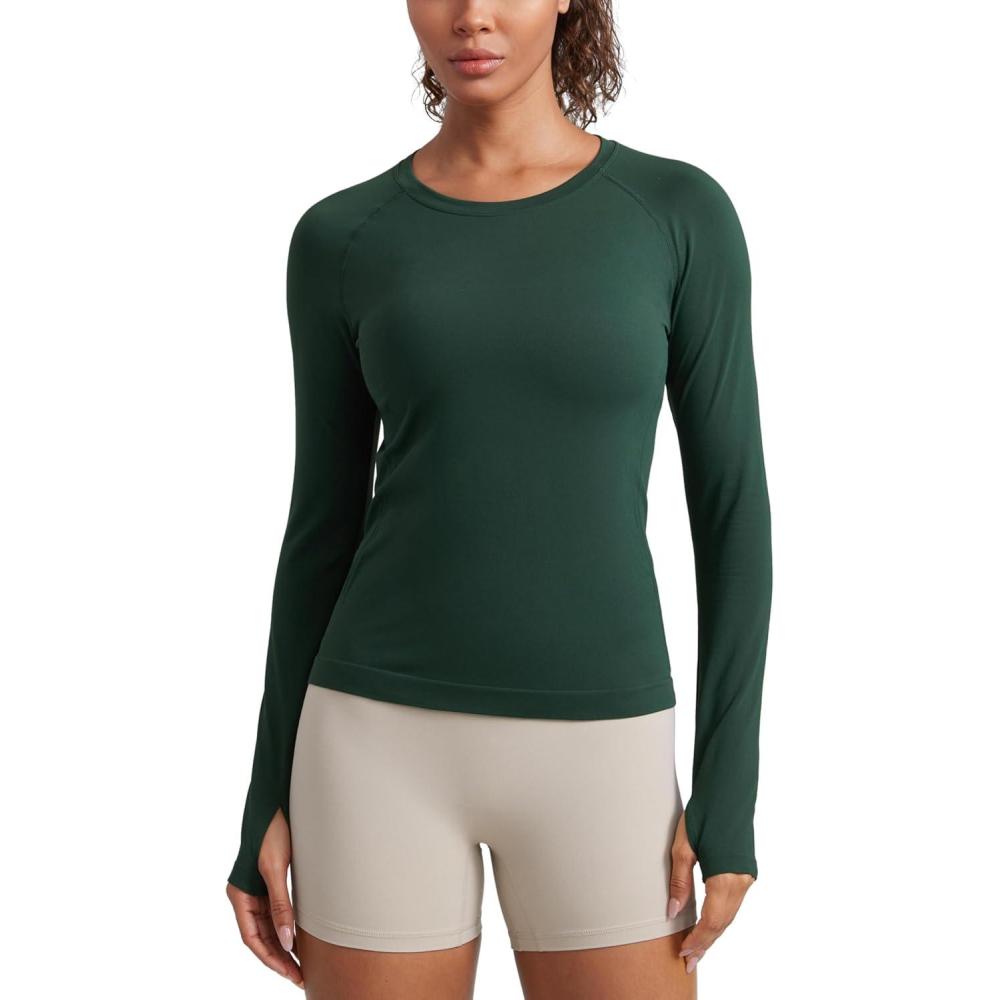 imageCRZ YOGA Womens Seamless Workout Long Sleeve Shirts Quick Dry Gym Athletic Tops Breathable Running Yoga TShirtsLegend Green