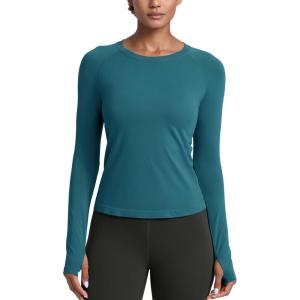 imageCRZ YOGA Womens Seamless Workout Long Sleeve Shirts Quick Dry Gym Athletic Tops Breathable Running Yoga TShirtsGreen Jade