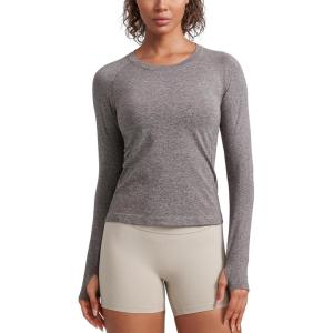 imageCRZ YOGA Womens Seamless Workout Long Sleeve Shirts Quick Dry Gym Athletic Tops Breathable Running Yoga TShirtsHot Fudge Brown Heather