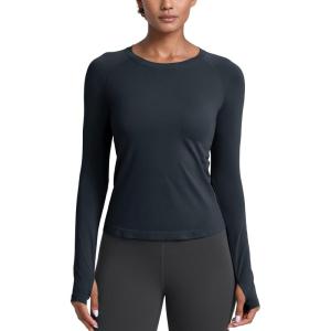 imageCRZ YOGA Womens Seamless Workout Long Sleeve Shirts Quick Dry Gym Athletic Tops Breathable Running Yoga TShirtsTrue Navy