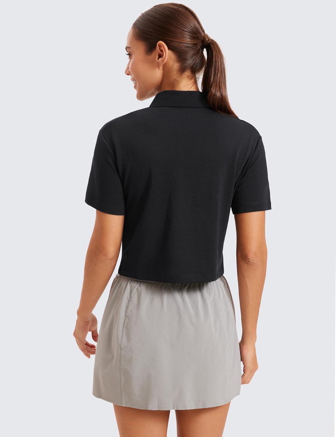 imageCRZ YOGA Golf Crop Polo Shirts for Women 3 Button Collared Quick Dry Tennis TShirt Short Sleeve Workout Athletic TopsBlack