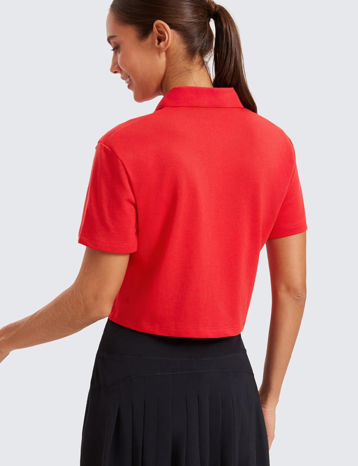 imageCRZ YOGA Golf Crop Polo Shirts for Women 3 Button Collared Quick Dry Tennis TShirt Short Sleeve Workout Athletic TopsDeep Red