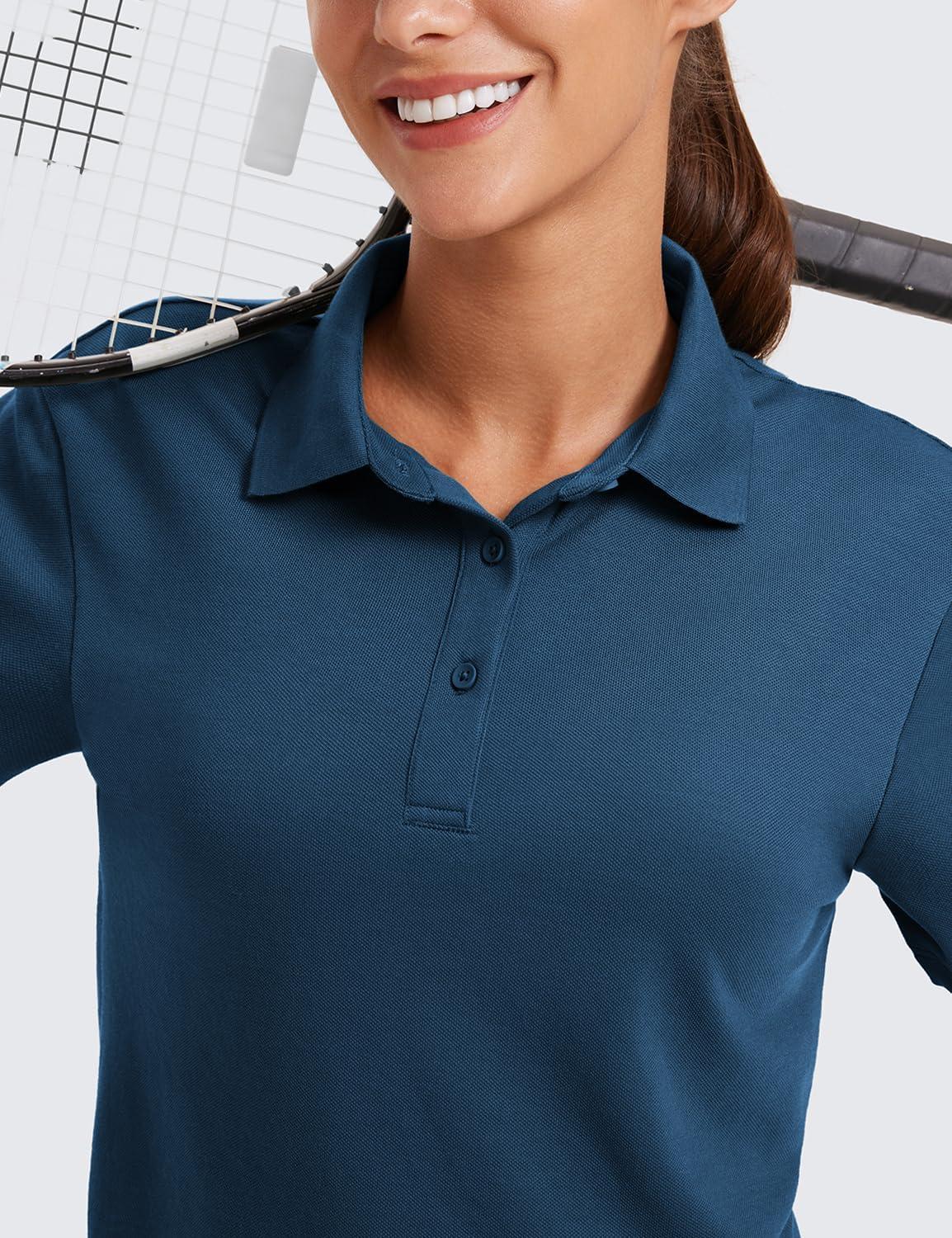 imageCRZ YOGA Golf Crop Polo Shirts for Women 3 Button Collared Quick Dry Tennis TShirt Short Sleeve Workout Athletic TopsFrench Navy