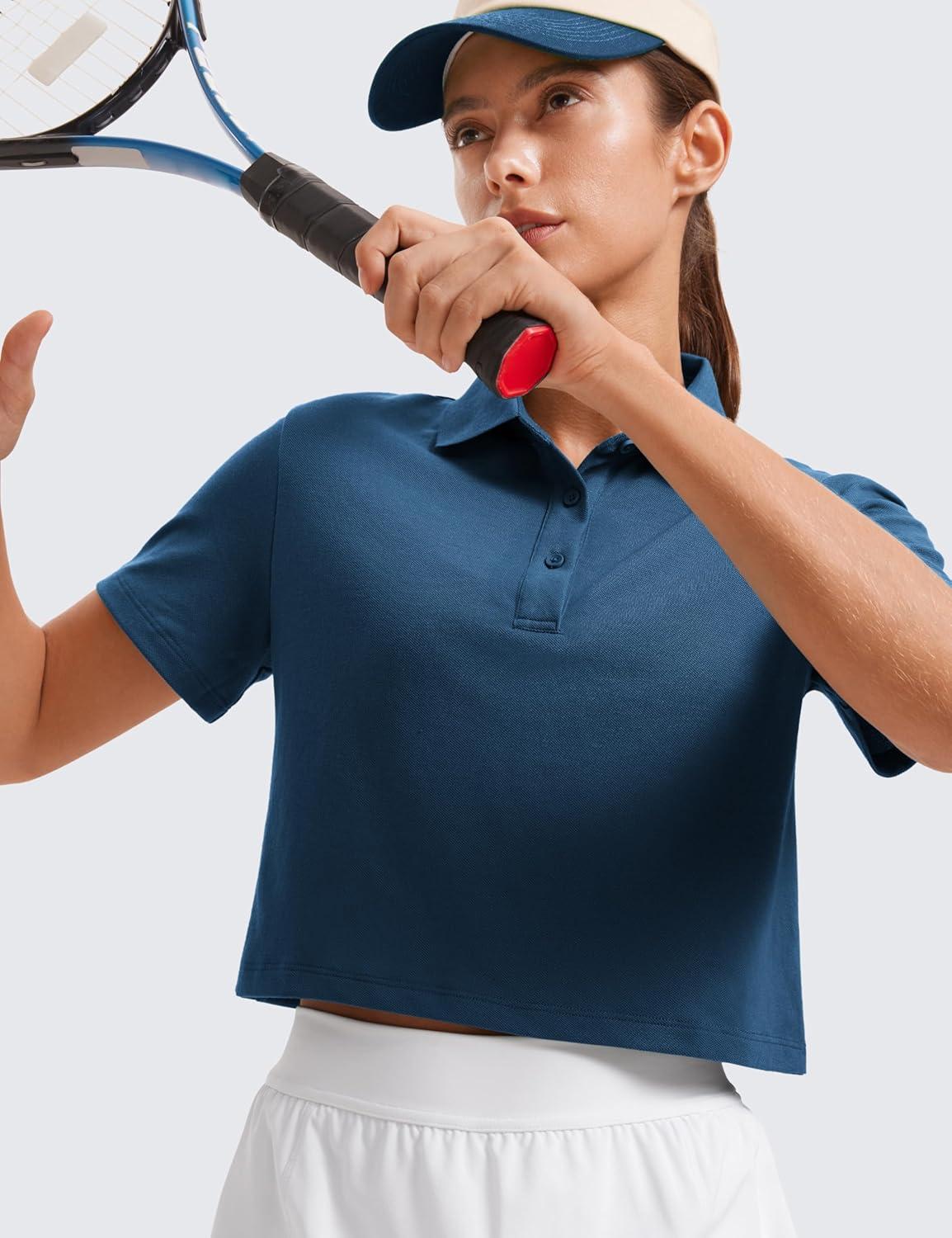imageCRZ YOGA Golf Crop Polo Shirts for Women 3 Button Collared Quick Dry Tennis TShirt Short Sleeve Workout Athletic TopsFrench Navy