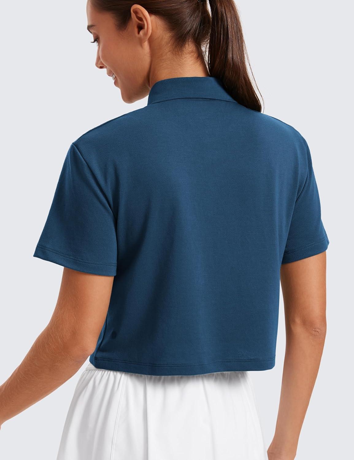 imageCRZ YOGA Golf Crop Polo Shirts for Women 3 Button Collared Quick Dry Tennis TShirt Short Sleeve Workout Athletic TopsFrench Navy