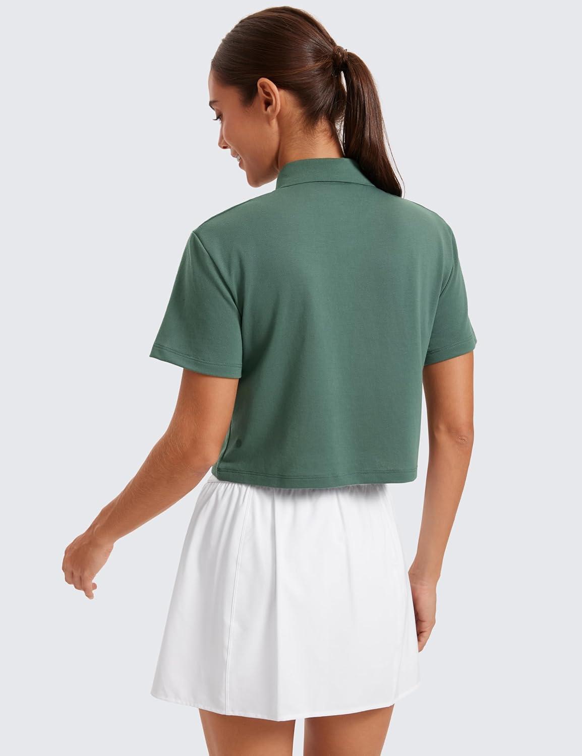 imageCRZ YOGA Golf Crop Polo Shirts for Women 3 Button Collared Quick Dry Tennis TShirt Short Sleeve Workout Athletic TopsGraphite Green