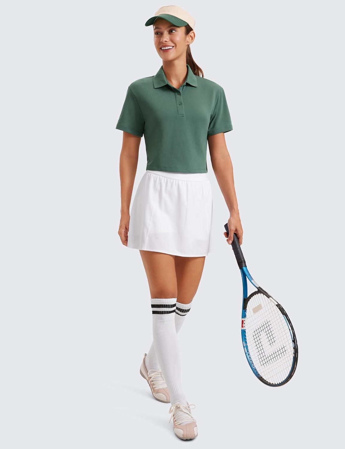 imageCRZ YOGA Golf Crop Polo Shirts for Women 3 Button Collared Quick Dry Tennis TShirt Short Sleeve Workout Athletic TopsGraphite Green