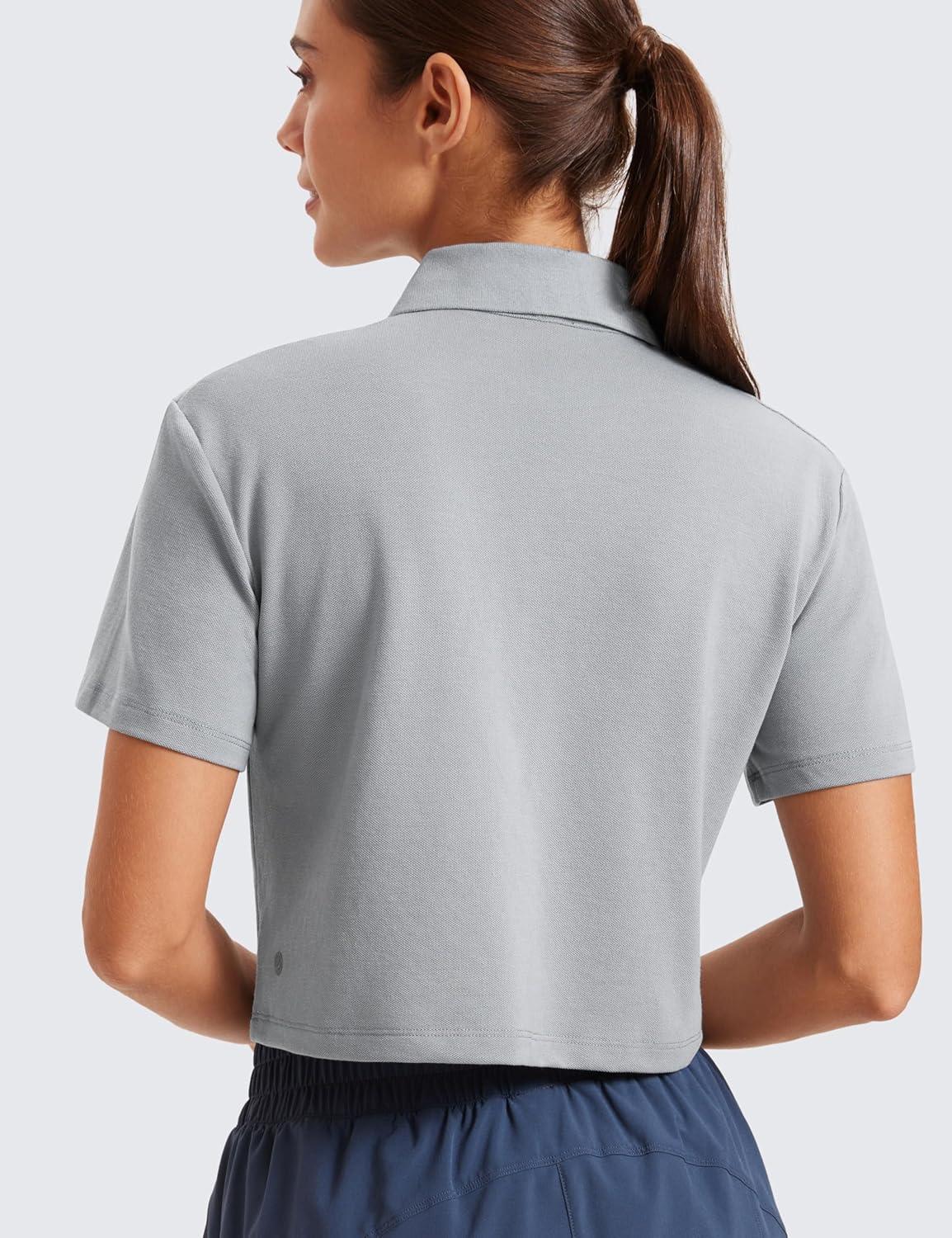 imageCRZ YOGA Golf Crop Polo Shirts for Women 3 Button Collared Quick Dry Tennis TShirt Short Sleeve Workout Athletic TopsRhino Grey