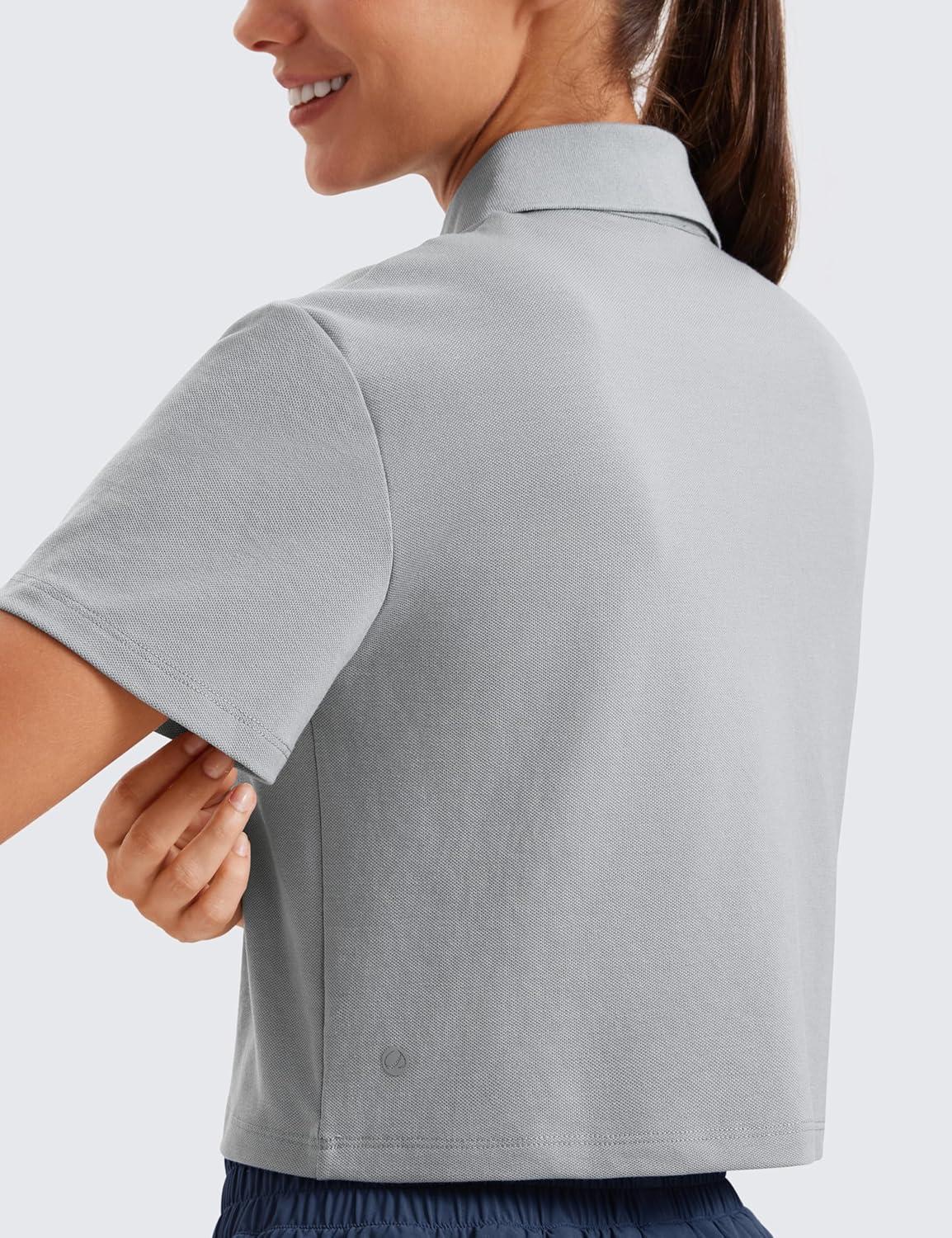 imageCRZ YOGA Golf Crop Polo Shirts for Women 3 Button Collared Quick Dry Tennis TShirt Short Sleeve Workout Athletic TopsRhino Grey