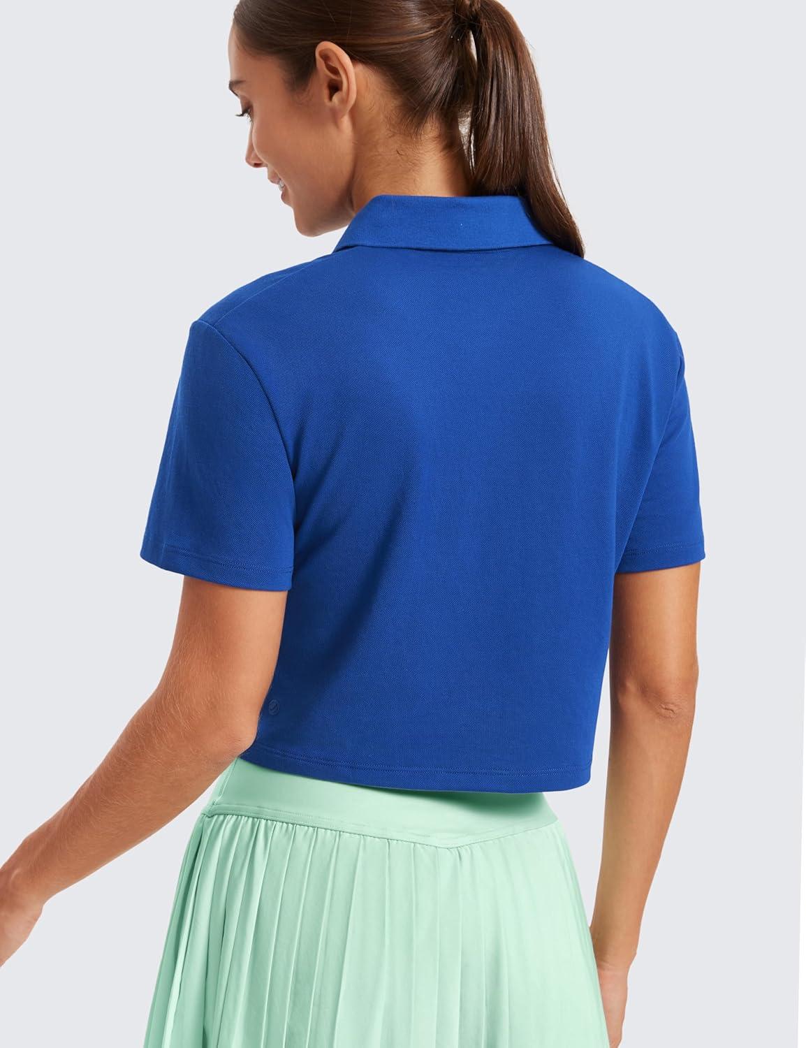 imageCRZ YOGA Golf Crop Polo Shirts for Women 3 Button Collared Quick Dry Tennis TShirt Short Sleeve Workout Athletic TopsWaves Blue