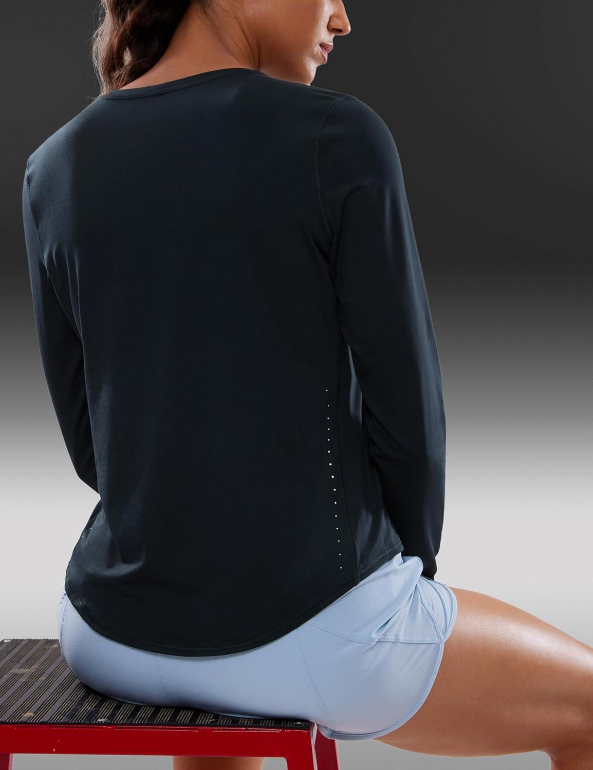 imageCRZ YOGA Lightweight Long Sleeve Workout Shirts for Women Gym Running Fall Tshirts High Neck Athletic Training TopsTrue Navy