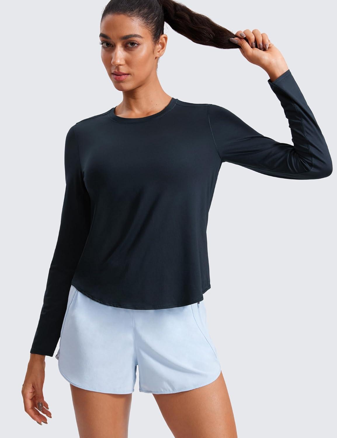 imageCRZ YOGA Lightweight Long Sleeve Workout Shirts for Women Gym Running Fall Tshirts High Neck Athletic Training TopsTrue Navy
