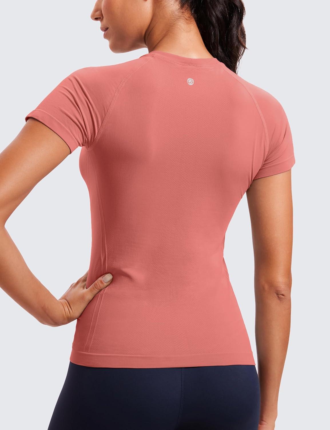 imageCRZ YOGA Seamless Workout Tops for Women Short Sleeve Athletic Tees Breathable Gym Running Yoga ShirtsBriar Rose
